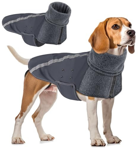 SlowTon Wintermantel für Hunde, Warmes Futter aus Polar Fleece Außenjacke für Hunde mit Rollkragenschal Reflexstreifen Einstellbar Wasserdicht Winddicht Welpenweste Weiches Haustier (M, Grau)