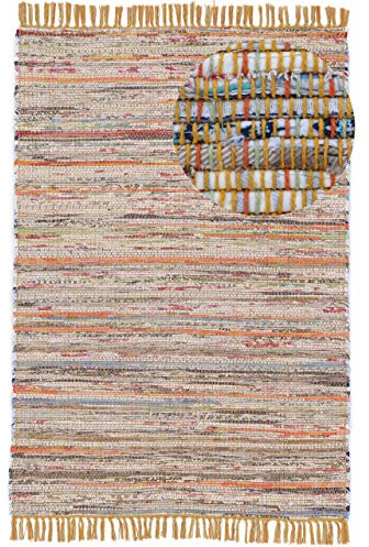 carpetfine Flachgewebeteppich Kelim Chindi Gelb 120x170 cm | Moderner Teppich für Wohn- und Schlafzimmer