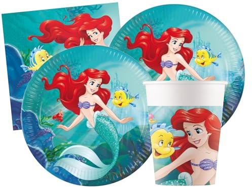 Isola Party Kit fête d'anniversaire Ariel pour 16 personnes écologique (16 assiettes en carton ⌀ 23 cm, 16 gobelets en papier 266 ml, 20 serviettes en papier 33x33 cm)