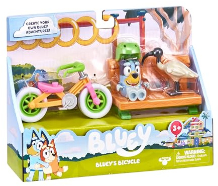 Bluey Fahrrad-Spielset; Offizielle 6,3–7,6 cm große Actionfigur zum Sammeln, inklusive Bluey's Bike, Helm, Bank und Bin Chicken Zubehör