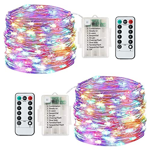Lezonic Lichterkette Batterie, 2er Pack 13M 120LEDs Lichterkette Wasserdicht, mit 8 Modi Fernbedienung Innen/Außen Lichterkette für Garten, Hochzeit, Party, Festival, Weihnachtsdekoration(Mehrfarbig)