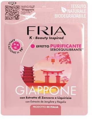 Fria K-Beauty Maschera Viso Giappone con estratto di Zenzero, Cannella e Pimpinella, Effetto Purificante e Sebo Equilibrante sulla Pelle, Dermatologicamente Testata, Confezione da 1 Maschera