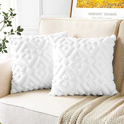 Artscope 2er Set Wolle Kissenbezüge Weicher Plüsch Kurzer Wollsamt Dekokissenbezuge Luxuriöses Sofakissen Europäische Kissenhülle für Sofa Schlafzimmer Geometrische Raute Weiß, 40x40cm