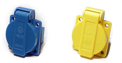 HOLZER 8 Stück/Einbausteckdose Schuko Anbau Steckdose 16A Feuchtraum / PA6 / + Flansch Dichtung (4xBlau / 4xGelb)