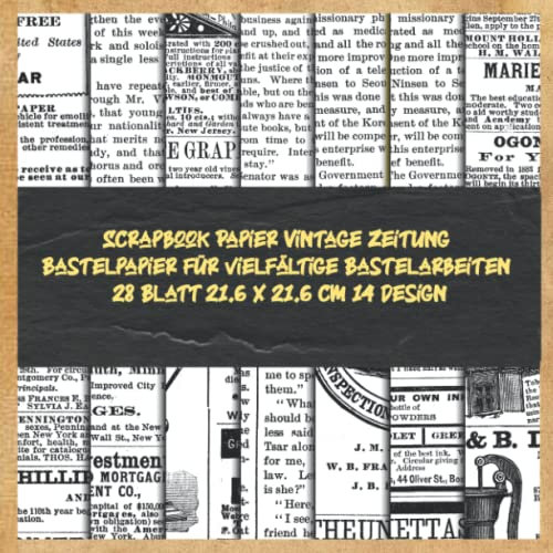 Scrapbook Papier Vintage Zeitung Bastelpapier für vielfältige Bastelarbeiten 28 Blatt 21.6 x 21.6 cm 14 design