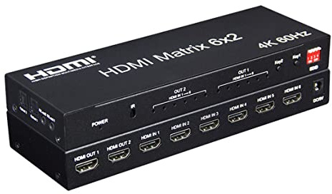 4K 60Hz 6x2 HDMI Matrix Switch - 6 IN 2 OUT HDMI Splitter with EDID for PC TV Dual Monitor