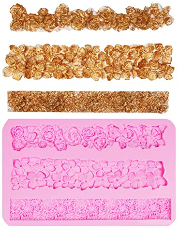 MUYULIN Molde de rosas para chocolate, encaje de flores de silicona para decoración de tartas de boda, cuatro hojas con hojas para decoración de tartas, cupcakes, muebles, textura, jabón, azúcar