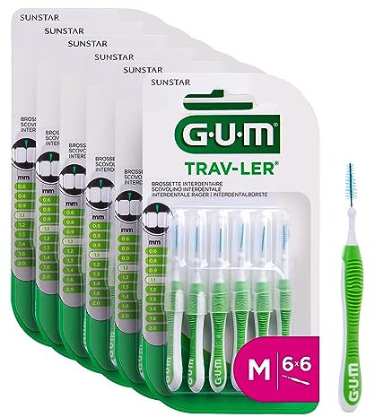 GUM TRAV-LER Interdentalbürsten | Zur gründlichen Reinigung aller Zahnzwischenräume | Biegbarer Hals | Zahnreinigung und Plaqueentfernung | 6 x 6 Stück (ISO Größe 3, 1.1mm)