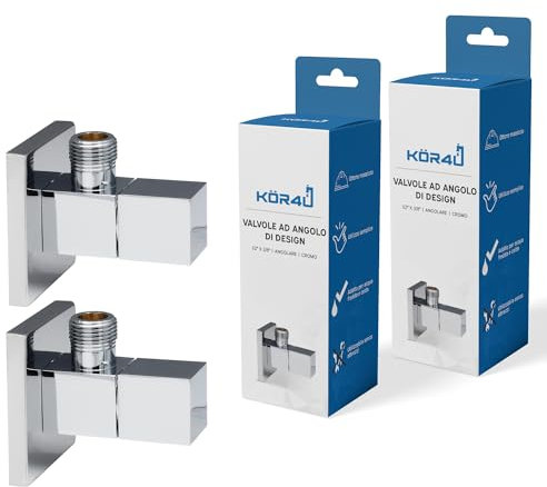 kör4u 2er Set Design Eckventil 1/2 x 3/8 Zoll, eckiges Wasserabsperrventil, Chrom, Schnellverschluss, für Bad & Küche, inkl. Rosette