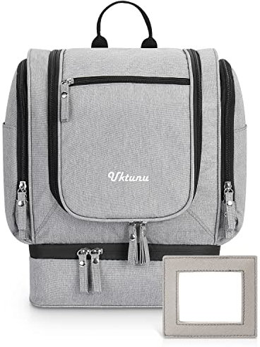 Trousses de Toilette Uktunu [10 litres de Rangement] Grande Trousse de Toilette Voyage Imperméable et Suspendu Sac de Toilette Cosmétiques à Suspendre pour Homme et Femmes, Gris