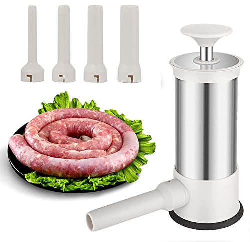 Insaccatrice per Salsiccia, Macchina per Salsiccia in acciaio inossidabile, Manuale Insaccatrice con 4 Tubi di Riempitore, per casa, bar, ristorante per preparare hot dog con salsiccia