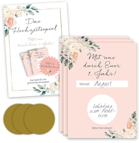 Ja-Hochzeitsshop Hochzeitsspiel mit 12 Monatskarten - Postkarten - Rubbelsticker- Euer erstes Jahr