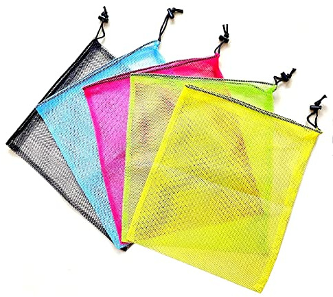 JZK 5 x mehrfarbige 39 x 34 cm große Netz-Aufbewahrungstasche mit Kordelzug für Spielzeug, Netz-Wäschesäcke für Waschmaschine, Kordelzug-Netztasche für Strandspielzeug, Netz-Organizer-Tasche