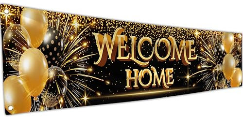Welcome Home Banner - Welcome Home decorations - Welcome Back banner - 180 x 40cm with picture of Welcome Home Balloon - We Missed You Banner (Black and Gold)
