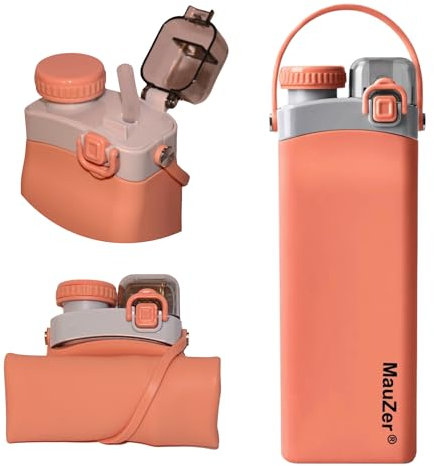 Mauzer® Faltbare Trinkflasche mit Strohhalm - Auslaufsicher, 600ml Wasserflasche aus Silikon, BPA frei - Ideal für Kinder, Sport, Reisen, Camping, oder Festival (Orange)