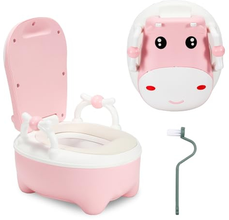 Fiqops Orinal para niños, asiento de inodoro infantil, tipo de cajón Baby Potty con asas, cepillo, cojín suave de poliuretano, protección antisalpicaduras, color rosa
