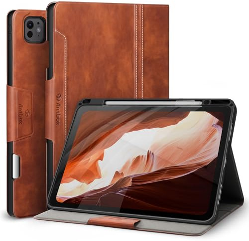 Antbox Hülle für iPad Pro 13 Zoll M5/M4 (2025/2024) Braun | PU Leder, Integrierter Stifthalter, Multi-Winkel-Ständer, Auto Schlaf/Wach Funktion, Pencil Pro/USB-C kompatibel