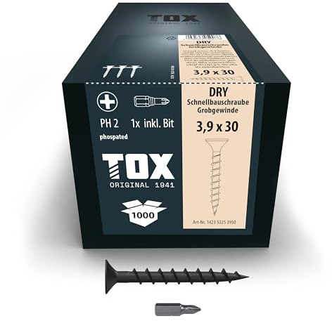 TOX Schnellbauschrauben DRY GG 3,9 x 30 mm magaziniert, 1.000 Stk. | Grobgewinde für Gipskarton auf Holz-Unterkonstruktion, für Magazinschrauber, 142353253930