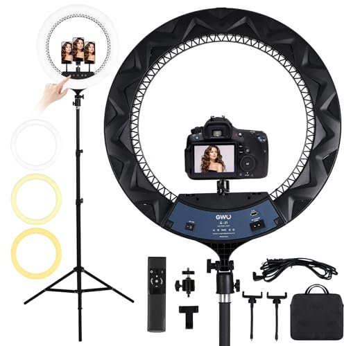 GWO 21 inch LED Ring Light with Tripod Stand 6000K Dimmable Makeup Selfie Light with Touch Panel Phone Holders for YouTube Vlog Video Shooting Include Carrying Bag and Remote Control CRI>90