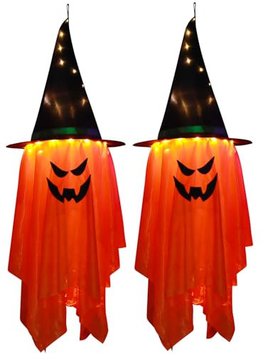Halloween Hängelicht Deko, Halloween Lichterkette Fliegende Geisterhüte, Hängende Geister mit Hexenhut, LED-Geist-Lampe für Karneval Party Halloween Terrasse Baum Veranda Deko (Orange Farbe,2 Stück)