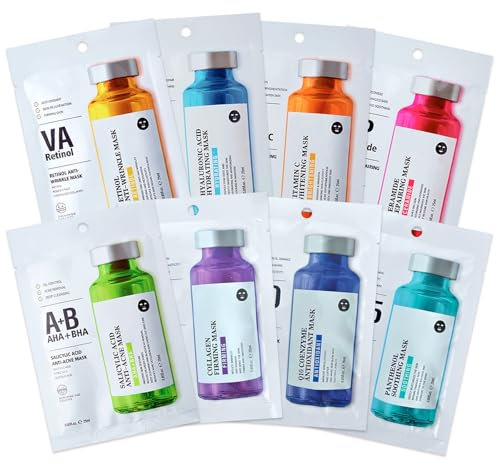 8 Pezzi Maschere Viso in Tessuto, Maschera viso idratante, Maschera Bellezza Viso, Idratante e Illuminante, Set di maschere in panno per ogni tipo di pelle, Ogni Condizione Della Pelle per Donne