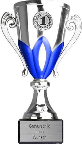 Pokal mit Gravur Wunschtext, Silber & Blau, Sportemblem nach Wahl | Personalisierte Auszeichnung für Fußball WM & Sport Events, inkl. Marmorsockel, Größen 13/15/17 cm