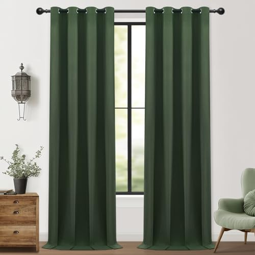 MRTREES 100% Tende Oscuranti Termiche Isolanti per Interni Tenda Lino Verde Oliva con Anelli Tende Coprenti Fonoassorbenti per Camera da Letto Salotto 2 Pezzi Tende per Casa, 132x245 CM