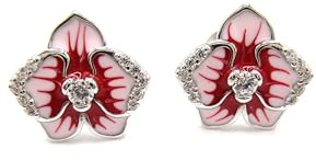 925 Sterling Silver & Platinum Plated Pink Butterfly Orchid Stud Earrings, Enamel & Clear Zircons
