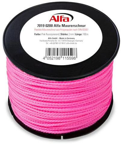 4x Alfa Maurerschnur Pink 100 m Länge Ø 2,0 mm Profi-Qualität Polypropylen rund geflochten Reißfest & Belastbar Richtschnur Bauschnur Lotschnur Pflasterschnur