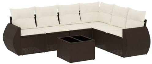 vidaXL Garten Sofagarnitur mit Kissen 7-TLG., Gartenmöbel Gartengarnitur, Sitzgruppe Sitzgarnitur, Lounge Sofa Garnitur Terrasse, Braun Poly Rattan