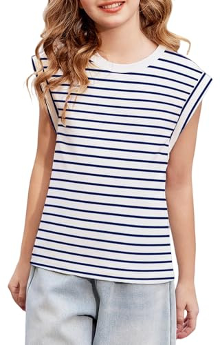 Arshiner Maglietta A Righe Blu in Cotone per Bambine Maglietta Basic per Bambini Maglietta Girocollo con Manica ad Aletta Ampia Taglia 150/10-11 Anni