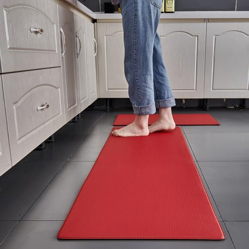 Küchenmatte, Anti-Ermüdungs-Stehteppich, Wasserdicht, rutschfest, abwaschbar und ölbeständig, Küchenmatte aus Leder für Küche, Esszimmer, Wohnzimmer, Büro (Red,45 * 120cm)