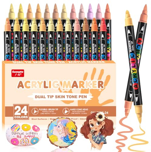 24 Couleurs Feutre Acrylique, Marqueurs à Pinceau Acryliques Double Pointe pour les tons chair, Acrylic Paint Marker pour les Portraits d'enfants et d'adultes, Acrylique Verre pour Bois,, Céramique