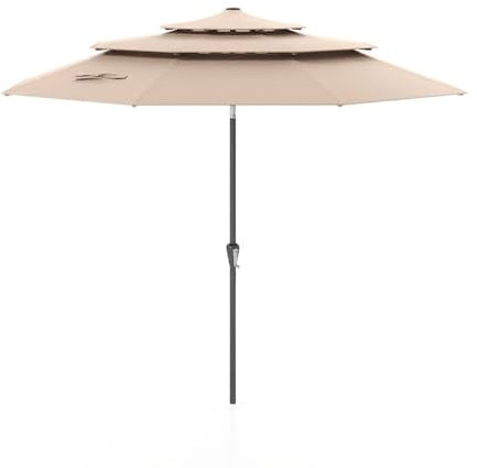 COSTWAY Ombrellone Giardino 300 cm, Ombrellone 3 Livelli con Ventilazione, Inclinazione Regolabile, Manovella, 8 Costole, per Giardino Spiaggia Piscina (Marrone)