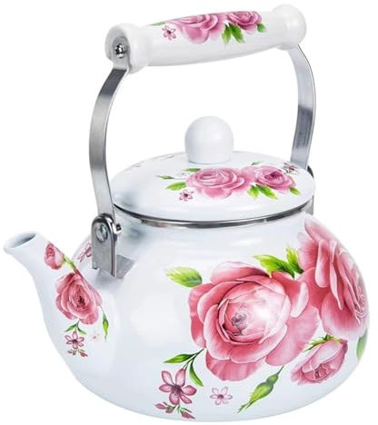 Teiera smaltata da 2,6 litri per fornello, bollitore da tè vintage con motivo floreale rosa, bollitore in acciaio con manico in porcellana