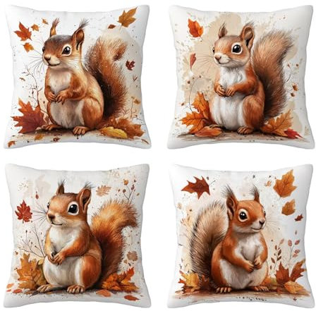 Outdoor Cushion Covers 45cm x 45cm Autumn Waterproof Linen Throw Pillow Cases Animal for Qutdoor Cushions for Garden Furniture, Square Sofa Pillows Case 4 Pack with Invisible Zipper for Garden B-52