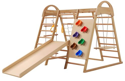 7-in-1 Multifunktionales Klettergerüst für Kinder mit Kletterwand,Rutsche,Schaukel,Netz,Ringen,Strickleiter,Holzgestell aus Buchenholz und Sperrholz für Innenbereich Wohnzimmer Terrasse Spielzimmer