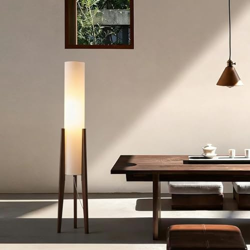 MIXL-Walnut Wood Finish Tripod Floor Lamp,Cylinder Shade Tall Standing Lamp,Rustic Living Room Floor Lamp,Vintage Style Standing Light for Bedroom Office