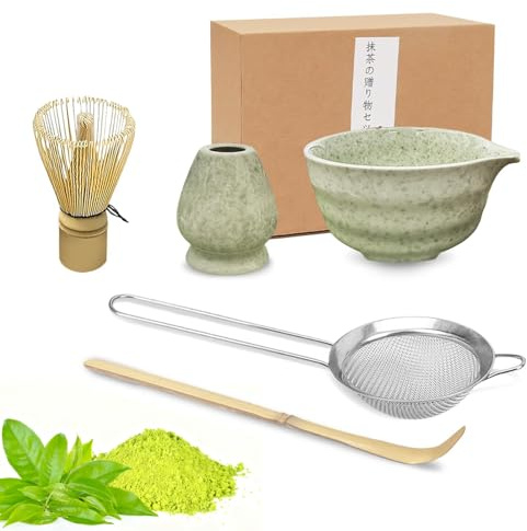 Service à thé matcha de qualité supérieure avec fouet en bambou et bol en céramique – Kit complet avec cuillère, tamis et porte-balai | Outils de cérémonie du thé japonais traditionnels pour débutants