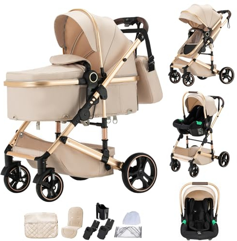 Shineey Passeggino 3 pezzi Carrozzina Ovetto Schienale Regolabile Completamente Reclinabile passeggino 3 in 1Grandi Ruote pneumatici in gomma,passeggino combinato (H9/BEIGE, H9)