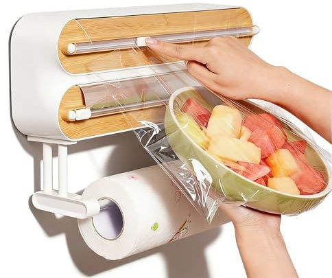 Distributeur de papier essuie-tout mural 3 en 1 avec cutter, distributeur magnétique de film d'aluminium et conservation de la fraîcheur, coupe-film alimentaire avec porte-rouleau d'essuie-tout sans
