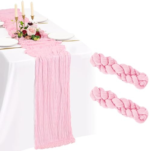 Showgeous Lot de 2 Chemins de Table Rose Clair 55x300cm Mode Chemin de Table Bohèmes en Gaze,Boho en Tissu Froissé Mousseline Gaze de Coton Rustique pour Mariage,Fête Prénatale Décorations de Table