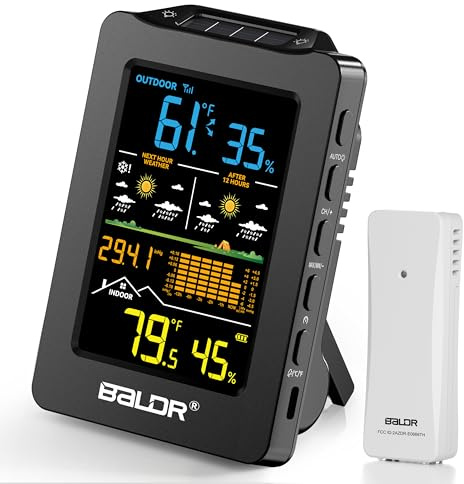 BALDR Wetterstation Funk mit 1H und 12H Dual-Vorhersage, Wiederaufladbares USB-betriebenes Indoor Außen Thermometer für die Terrasse zu Hause(Schwarz)