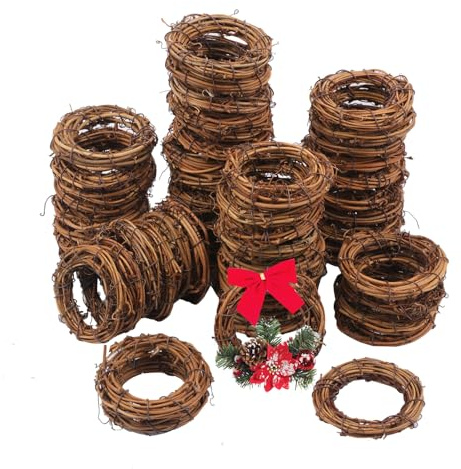 Yiksonyo 60 Pcs 2.4 Inch Natural Grapevine Wreath Set, Natural Rattan Wreath,Hand-Woven 2.4 Inch Vine Branch Wreaths, Perfect for DIY Crafts, Christmas Decorations, and Wedding Supplies