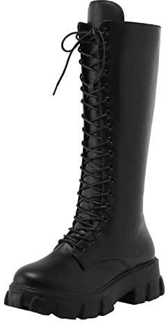 Bottes Hautes Femme mit Mollet Large Confortables Botte Western Longue Classiques Bottes Equitation de Hiver à Lacet Réglable Bottines Chaude et Durable Botte au-Dessus du Genou Boots Cuir z22