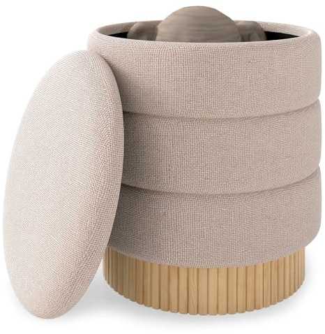 COSTWAY Pouf Contenitore Rotondo 35,5 L, Poggiapiedi Divano Imbottito con Coperchio Rimovibile, Sgabello Moderno in Ciniglia con Base in Legno di Pino, per Soggiorno e Camera da Letto