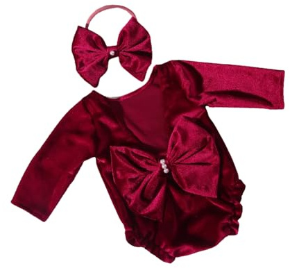 Oxxggkao Soft Pleuche Newborn Holiday Photography Outfit with Pearls Bow Infant Holiday Costume Newborns Romper Headband for Girls Newborn Photography Props