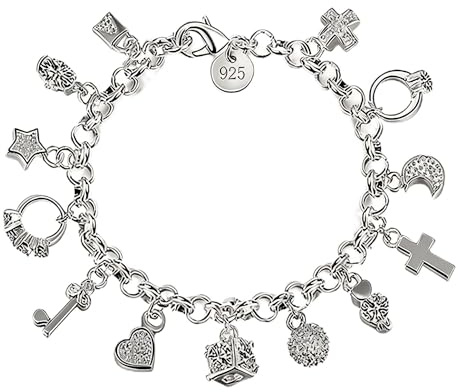 925 Sterling Silver Charm Bracelet for Women, Dainty Pendant Link Chain