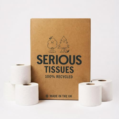 Serious Tissues - 100% Recycled Toilet Roll, 3-Ply, 45 Rolls, UK Made | Soft, extra-strong, double-length rolls for fewer changes. Plastic-free packaging and totally chlorine bleach free