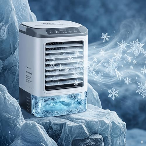 Mini Air Conditioner - 2026 New 4 Speeds Portable Air Conditioner Fan with Spray/7 Colors LED Light/900ML Tank/Ice Cubes Mold- Evaporative Air Coolers for Home/Bedroom/Car/Desktop/Indoor Small AC Unit